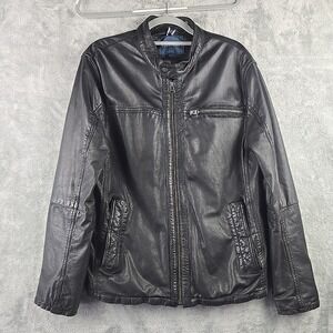 Cole Haan Leather Jacket Men's Large Black Moto Zip Up Soft Snap Collar Pockets